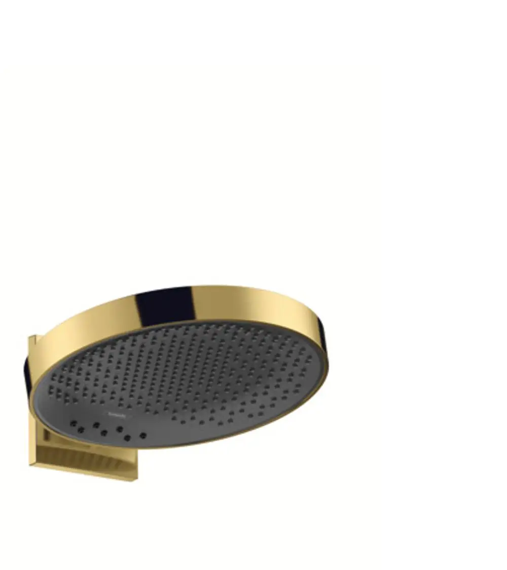 Duschkopf in runder Form mit goldfarbener Umrandung und schwarzer Oberfläche. Wandmontage mit drei Strahlarten. Hansgrohe-Design für Badezimmeranwendungen.